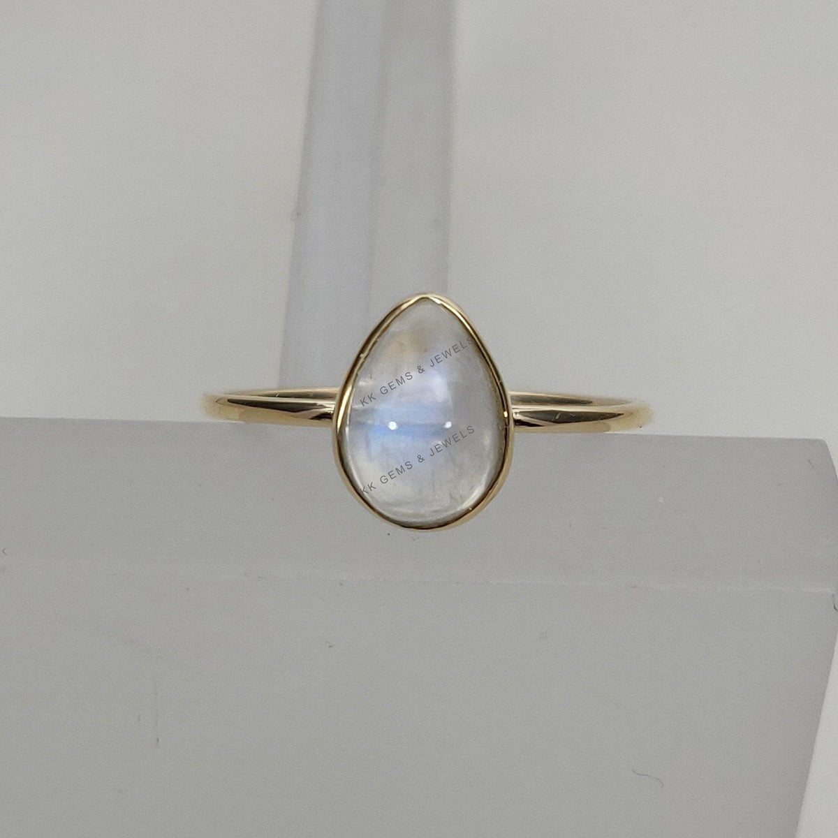 14K Solid Gold Natural Rainbow Moonstone Ring: Pear Bezel, June Birthstone