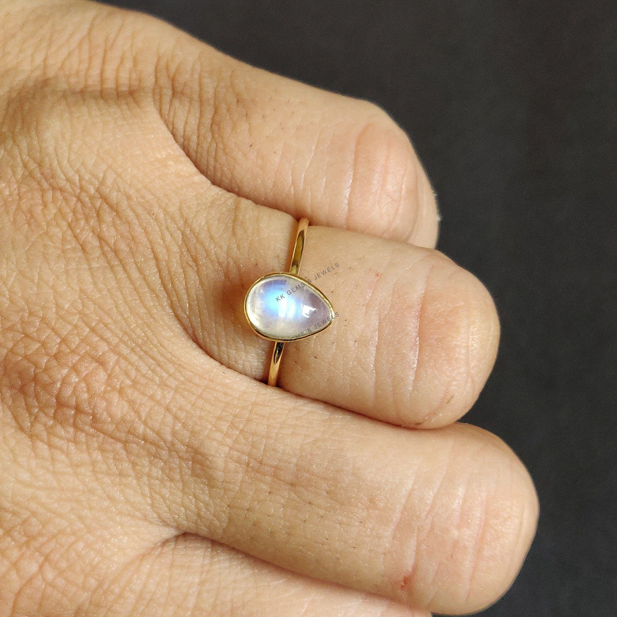 14K Solid Gold Natural Rainbow Moonstone Ring: Pear Bezel, June Birthstone