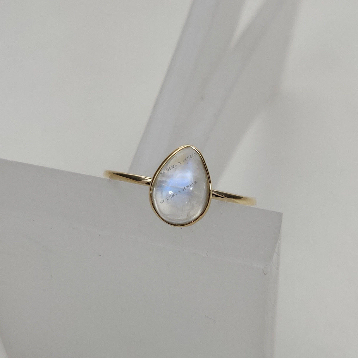 14K Solid Gold Natural Rainbow Moonstone Ring: Pear Bezel, June Birthstone