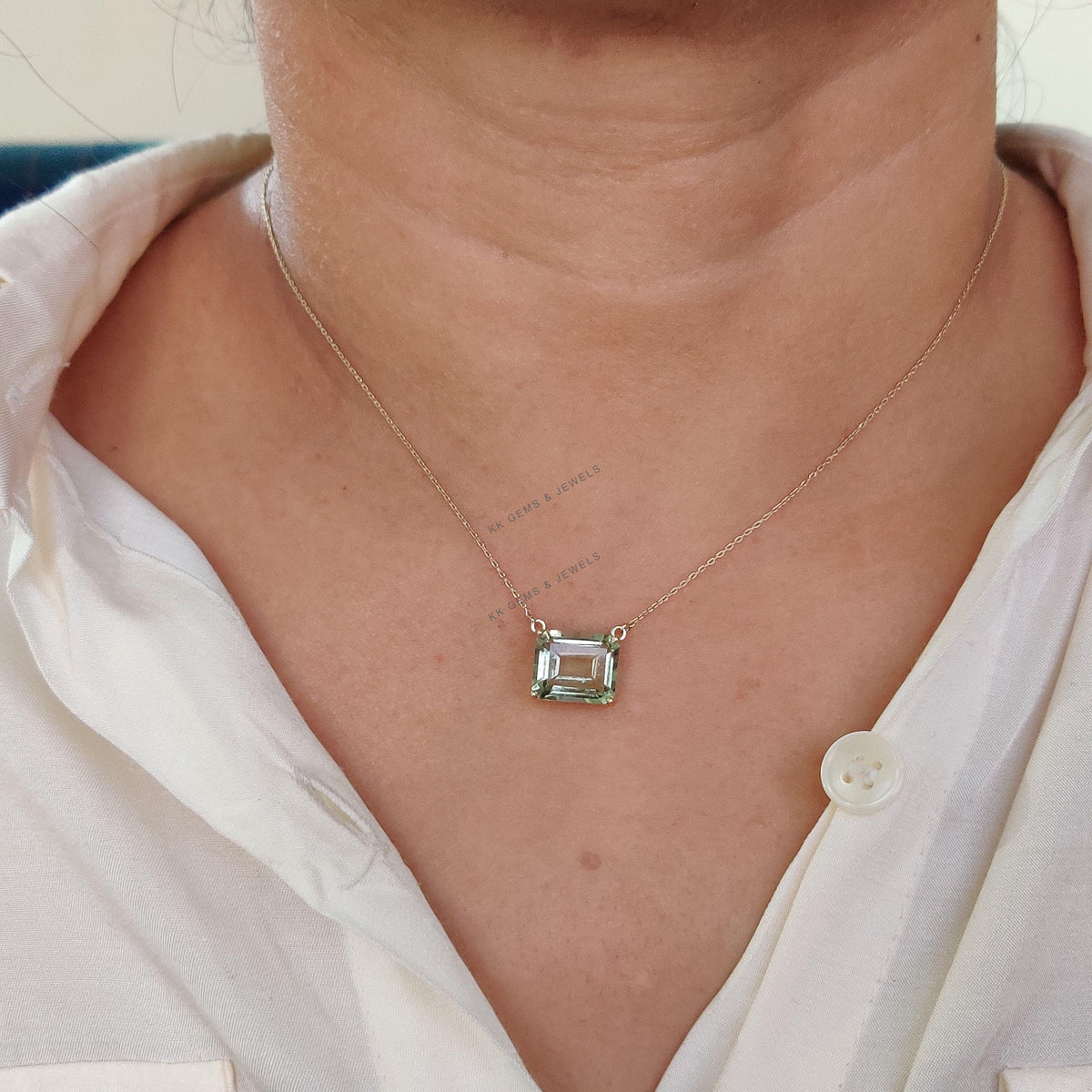 Natural Green Amethyst 14K Solid Yellow Gold Chain Necklace, February Birthstone