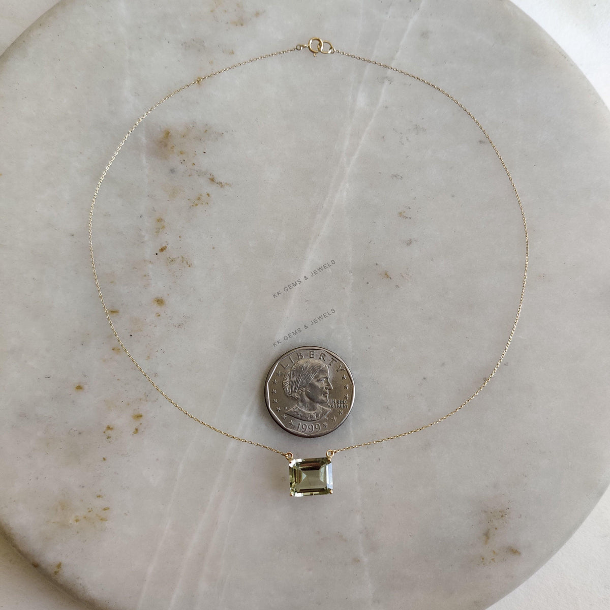 Natural Green Amethyst 14K Solid Yellow Gold Chain Necklace, February Birthstone