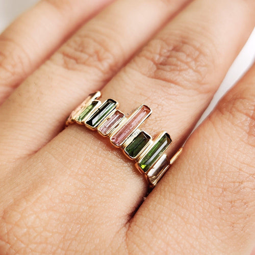 14K Solid Gold Natural Multi Tourmaline Baguette Ring, October Birthstone