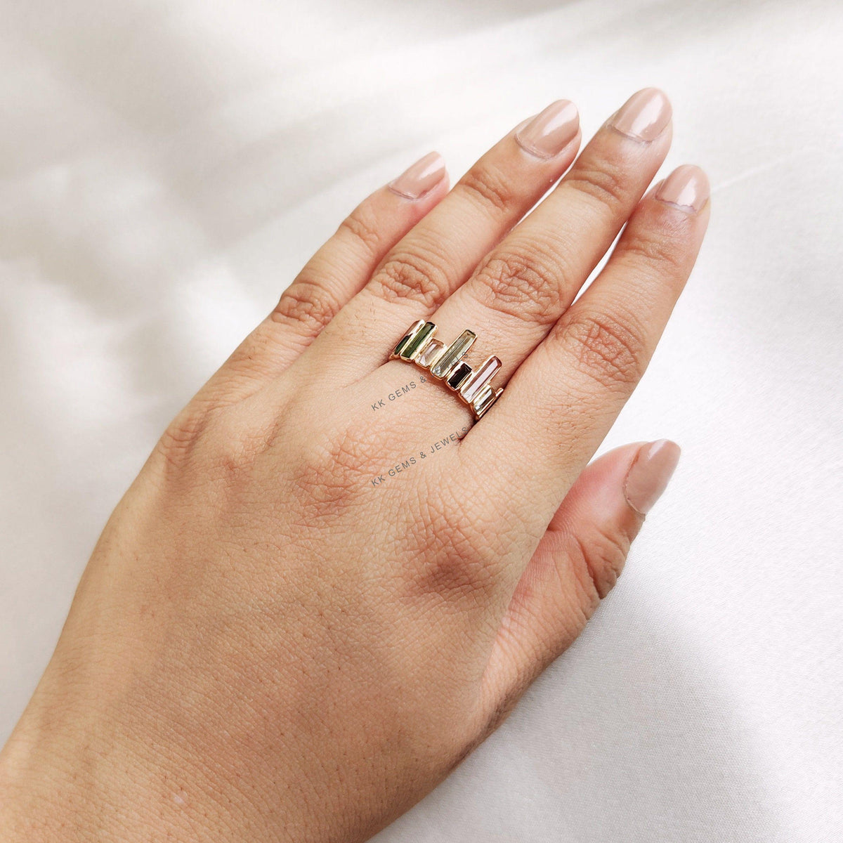 14K Solid Gold Natural Multi Tourmaline Baguette Ring, October Birthstone
