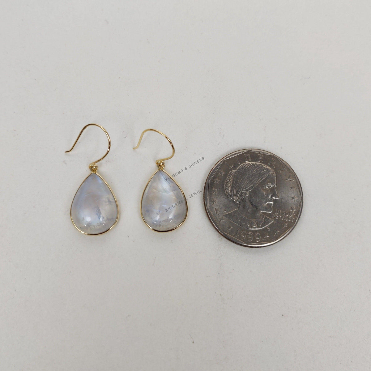 14K Solid Gold Natural Rainbow Moonstone Earrings, Pear Cabochon, June Birthstone