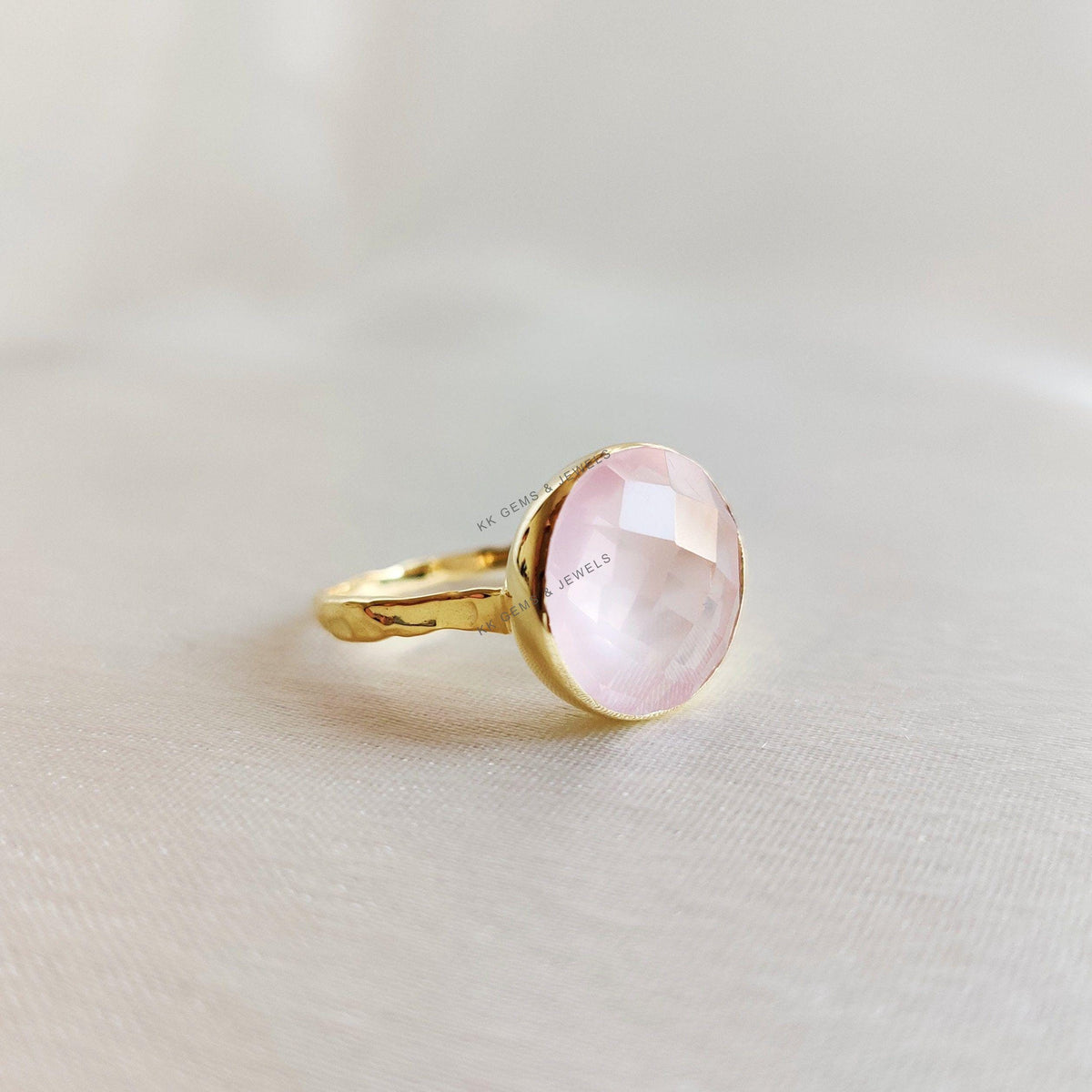 14K Solid Yellow Gold Natural Rose Quartz Ring, Briolette Cut, January Birthstone