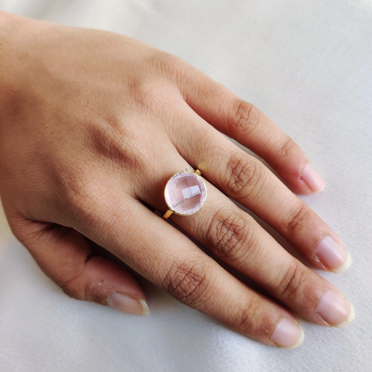 14K Solid Yellow Gold Natural Rose Quartz Ring, Briolette Cut, January Birthstone