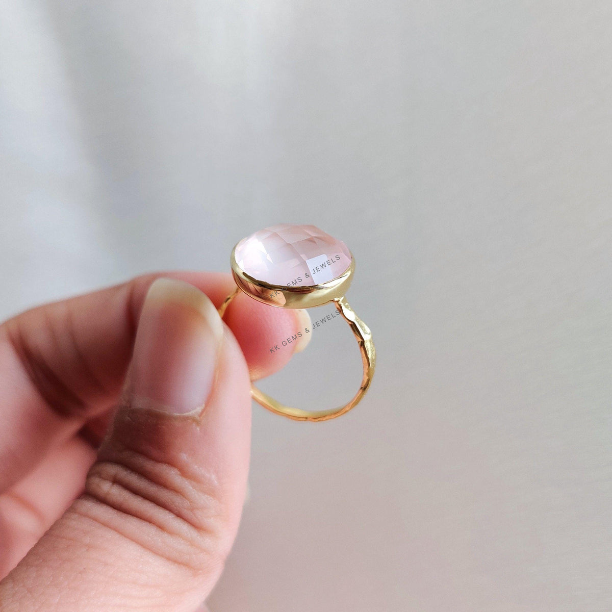 14K Solid Yellow Gold Natural Rose Quartz Ring, Briolette Cut, January Birthstone