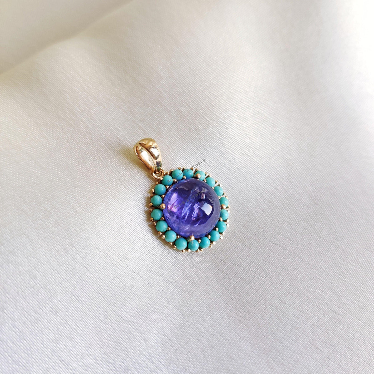 14K Solid Yellow Gold Natural Tanzanite & Turquoise Pendant, December Birthstone