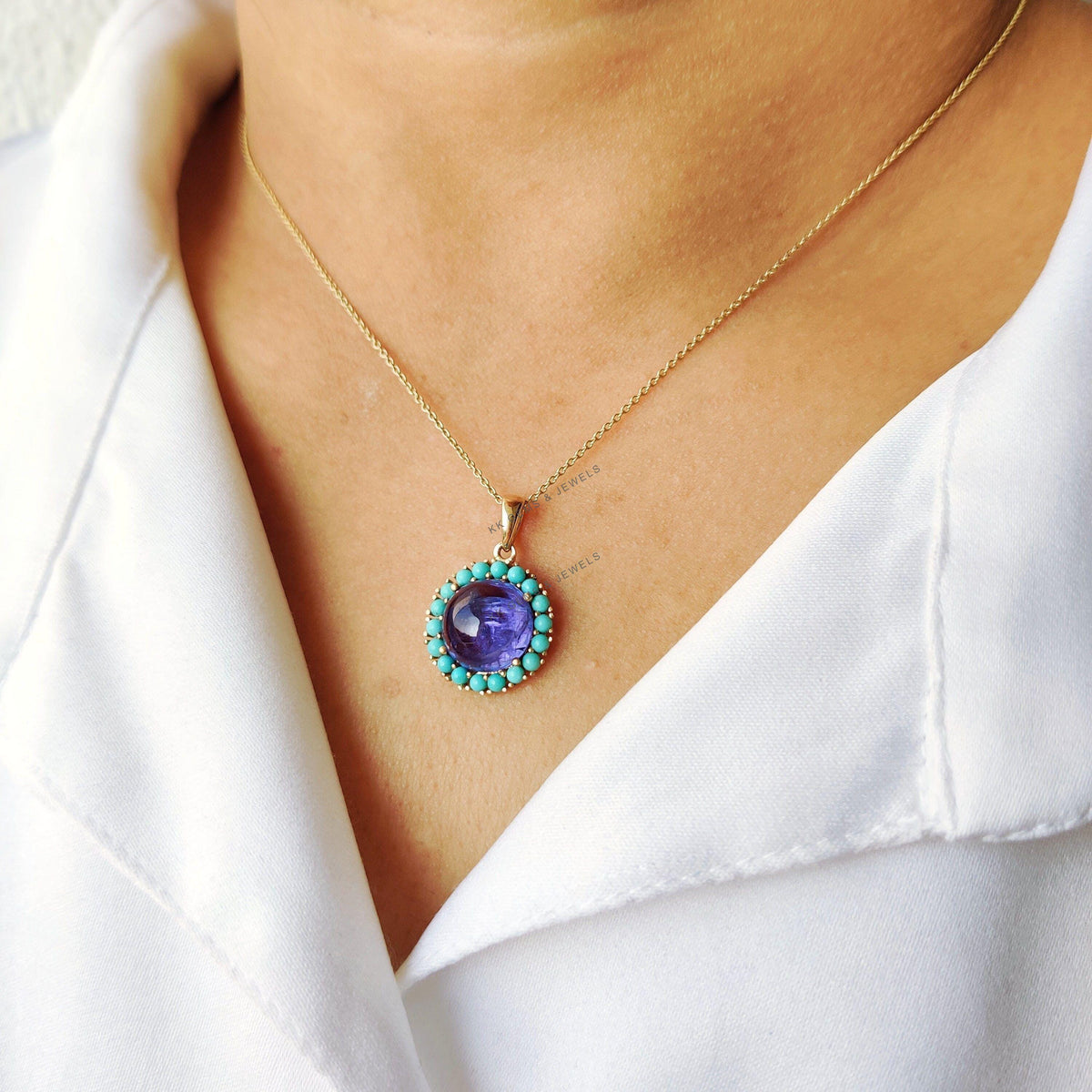 14K Solid Yellow Gold Natural Tanzanite & Turquoise Pendant, December Birthstone