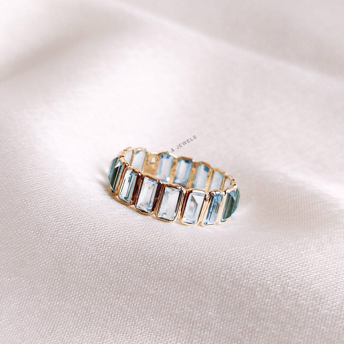 Natural Swiss Blue Topaz 14K Solid Yellow Gold Baguette Infinity Band, December Birthstone