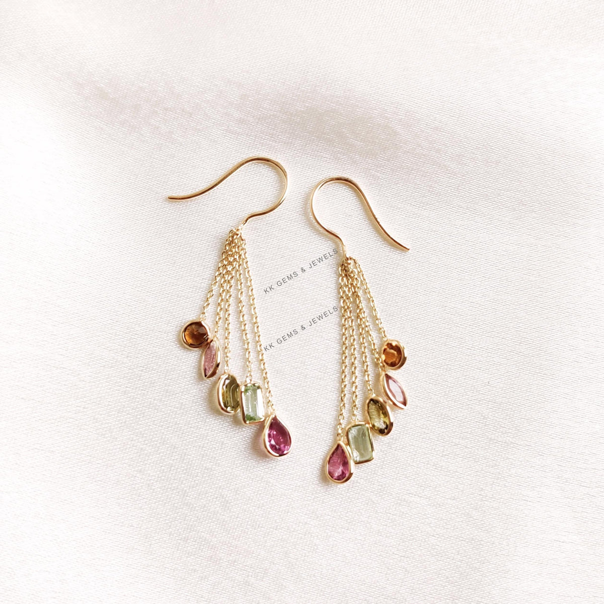 14K Solid Yellow Gold Natural Multi Tourmaline Bezel Danglers, October Birthstone