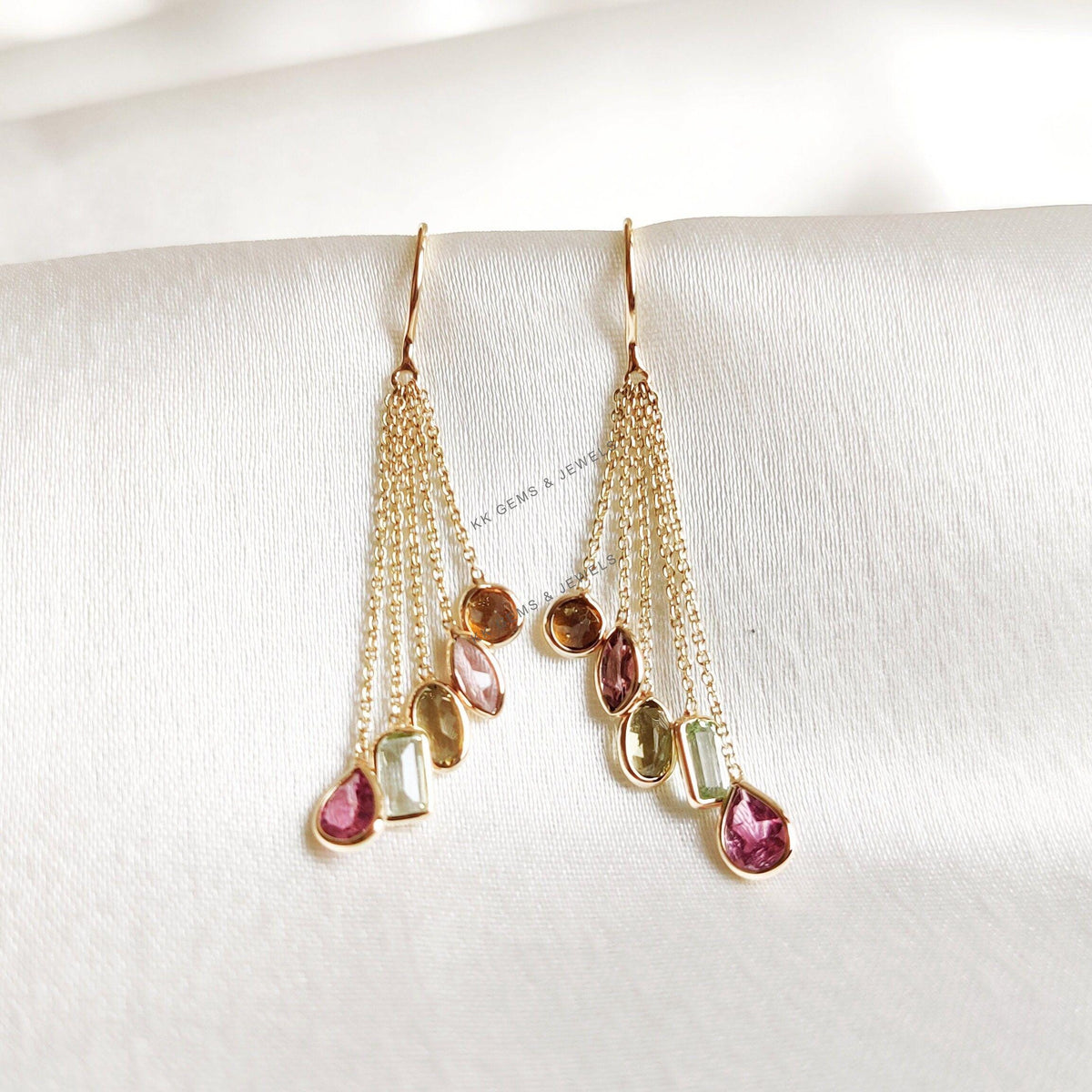 14K Solid Yellow Gold Natural Multi Tourmaline Bezel Danglers, October Birthstone
