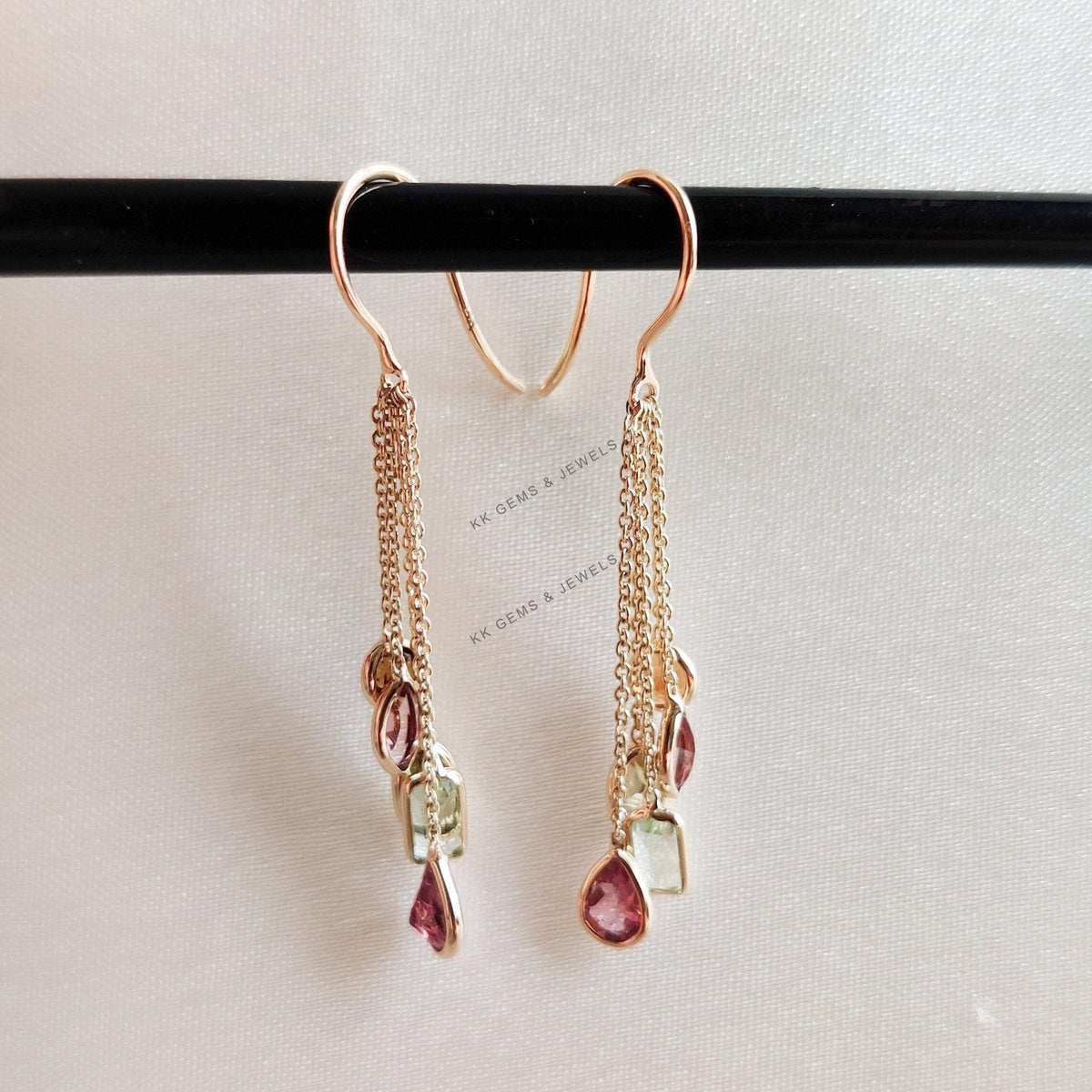 14K Solid Yellow Gold Natural Multi Tourmaline Bezel Danglers, October Birthstone