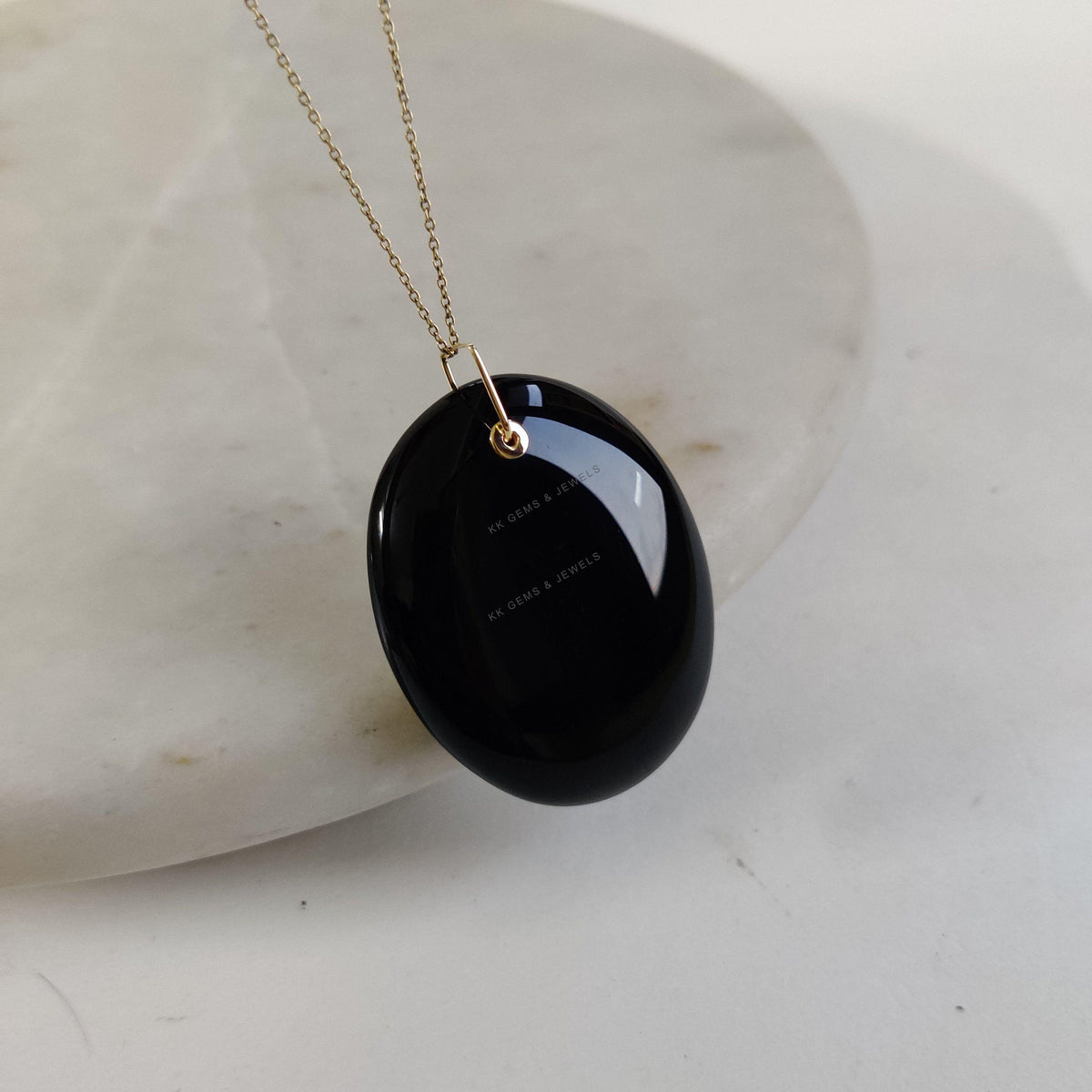 14K Solid Gold Natural Black Onyx Pendant, December Birthstone