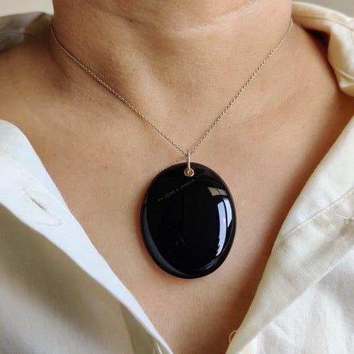 14K Solid Gold Natural Black Onyx Pendant, December Birthstone