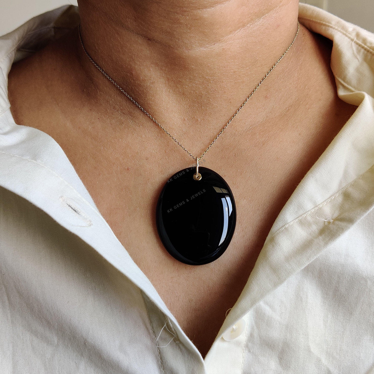 14K Solid Gold Natural Black Onyx Pendant, December Birthstone