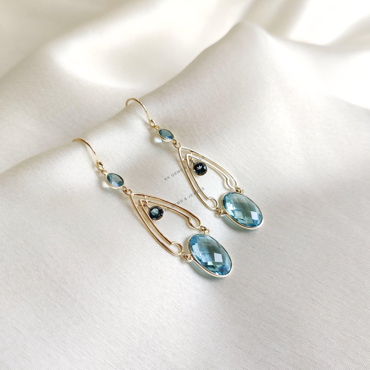 14K Solid Yellow Gold Natural Blue Topaz Dangle Earrings, December Birthstone