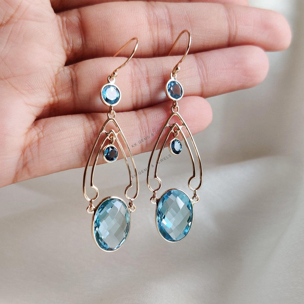 14K Solid Yellow Gold Natural Blue Topaz Dangle Earrings, December Birthstone