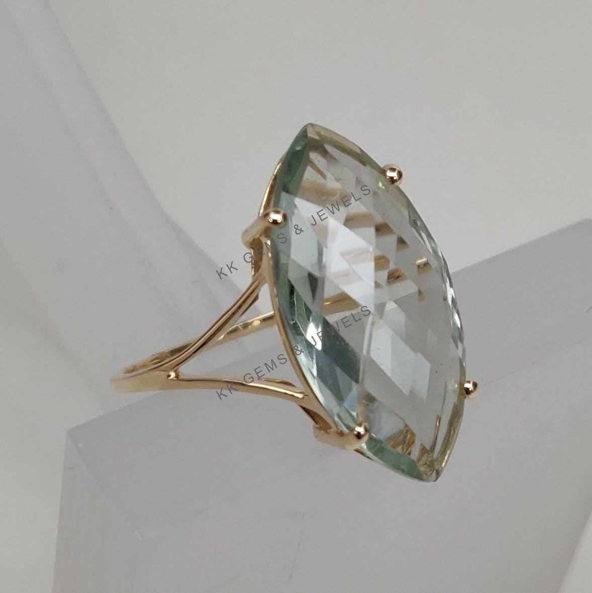 14K Solid Gold Natural Green Amethyst Ring, Marquise Briolette Cut, February Birthstone