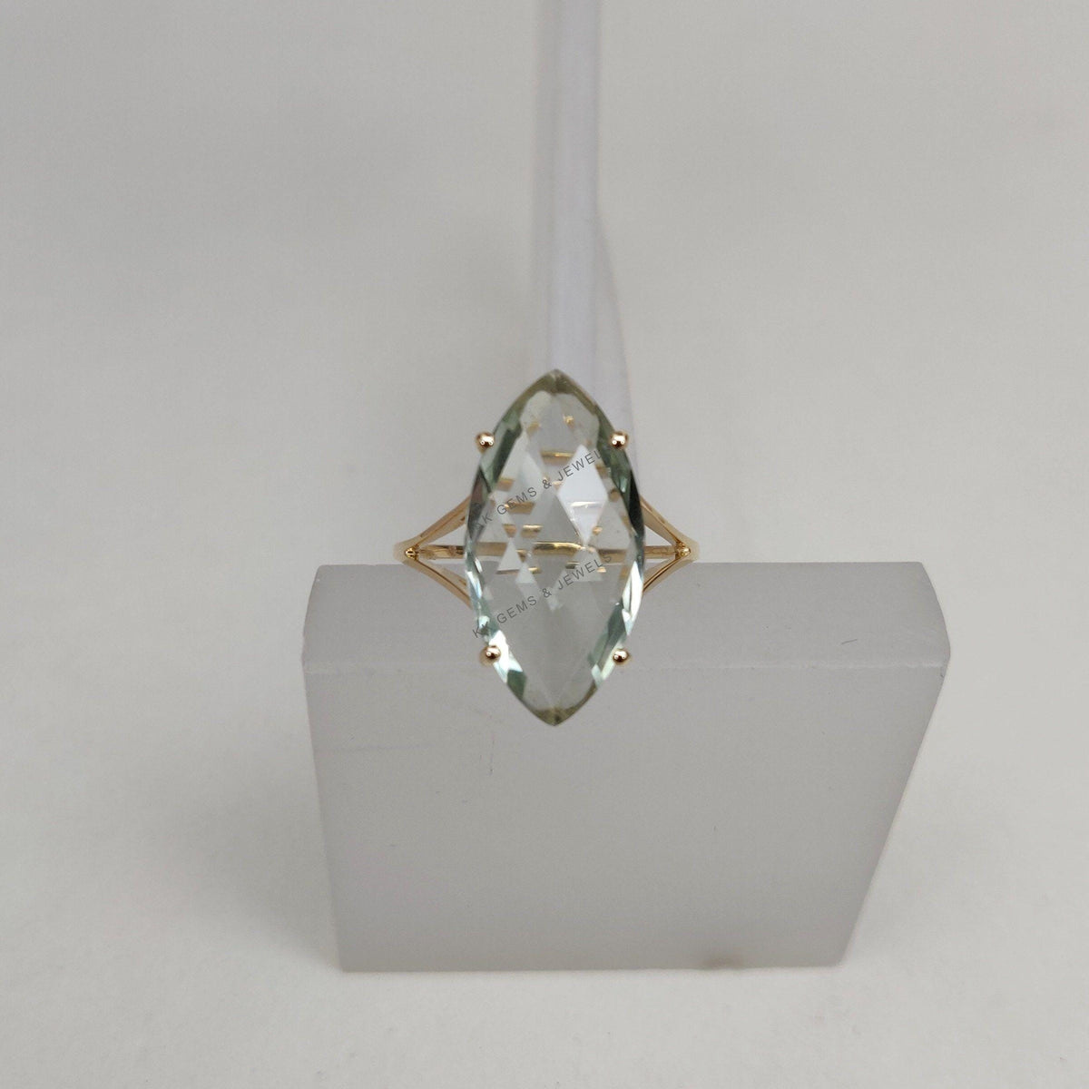 14K Solid Gold Natural Green Amethyst Ring, Marquise Briolette Cut, February Birthstone