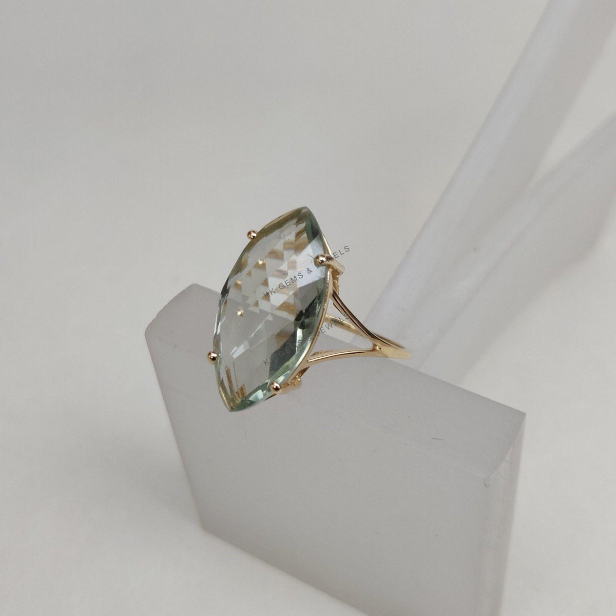 14K Solid Gold Natural Green Amethyst Ring, Marquise Briolette Cut, February Birthstone
