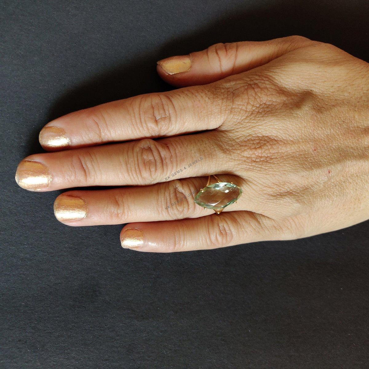 14K Solid Gold Natural Green Amethyst Ring, Marquise Briolette Cut, February Birthstone
