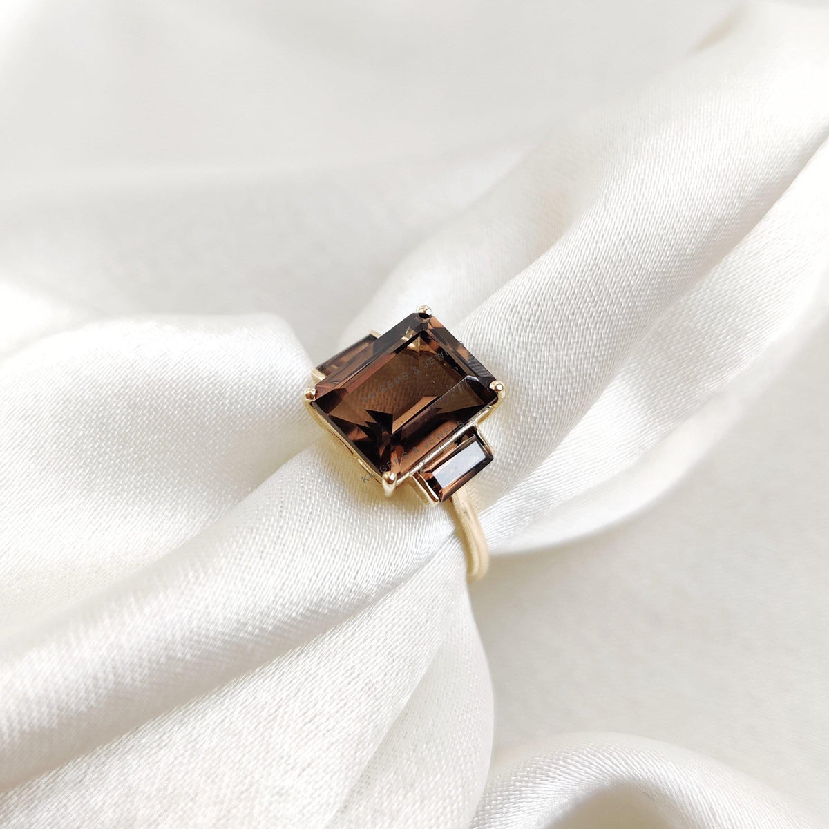 14K Solid Gold Natural Smoky Quartz Ring, Statement Jewelry
