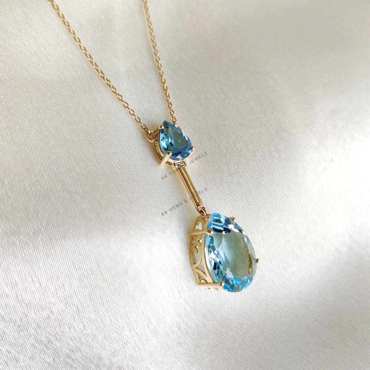 Natural Sky Blue Topaz 14K Solid Yellow Gold Chain Pendant Necklace, December Birthstone, Christmas Present