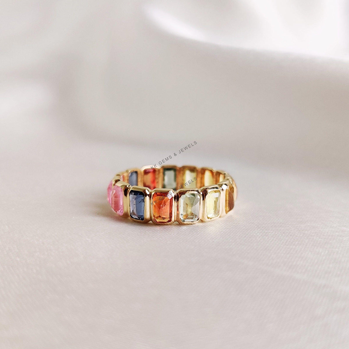 14K Solid Gold Natural Multi Sapphire Ring, Dainty Bezel Eternity Band