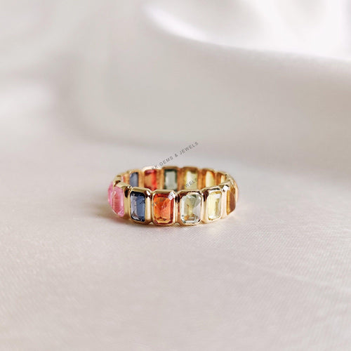 14K Solid Gold Natural Multi Sapphire Ring, Dainty Bezel Eternity Band
