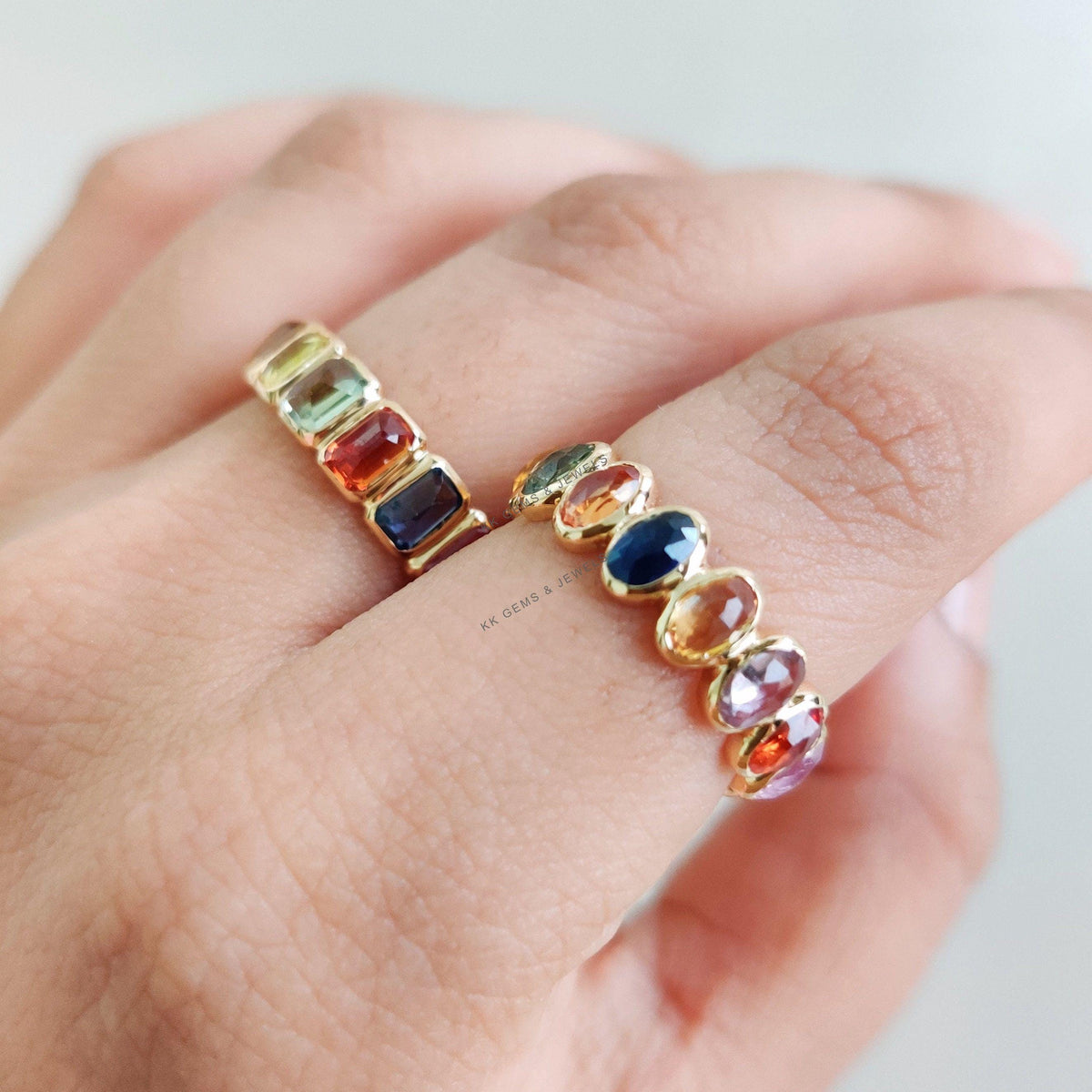 14K Solid Gold Natural Multi Sapphire Ring, Dainty Bezel Eternity Band