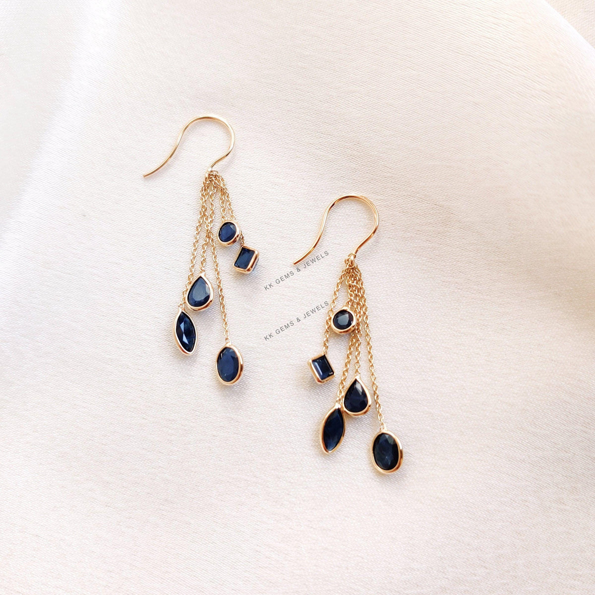 14K Solid Gold Natural Blue Sapphire Dangle Earrings, September Birthstone