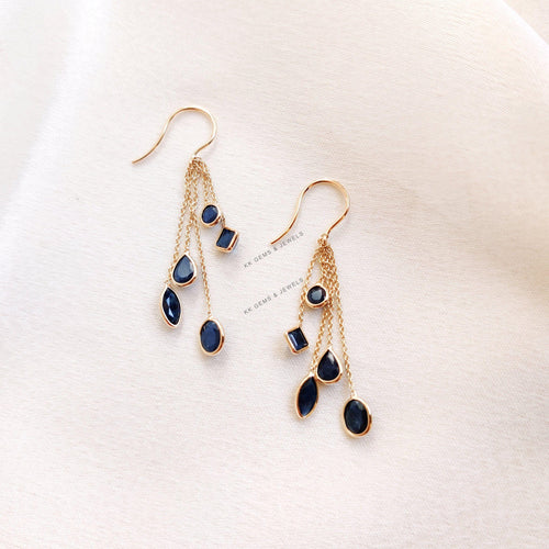 14K Solid Gold Natural Blue Sapphire Dangle Earrings, September Birthstone