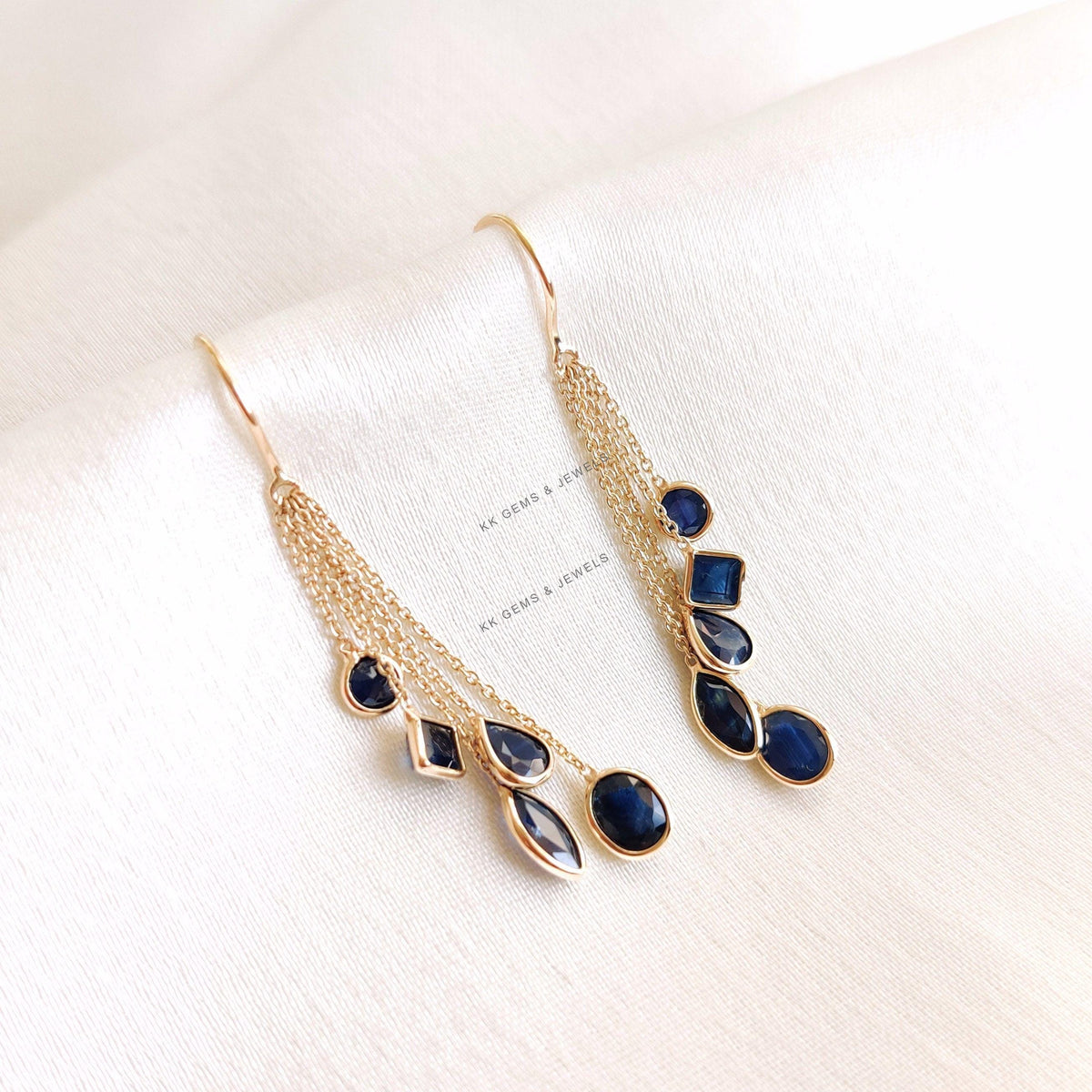 14K Solid Gold Natural Blue Sapphire Dangle Earrings, September Birthstone