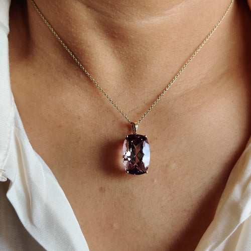 14K Solid Gold Natural Pink Amethyst Prong Pendant, February Birthstone