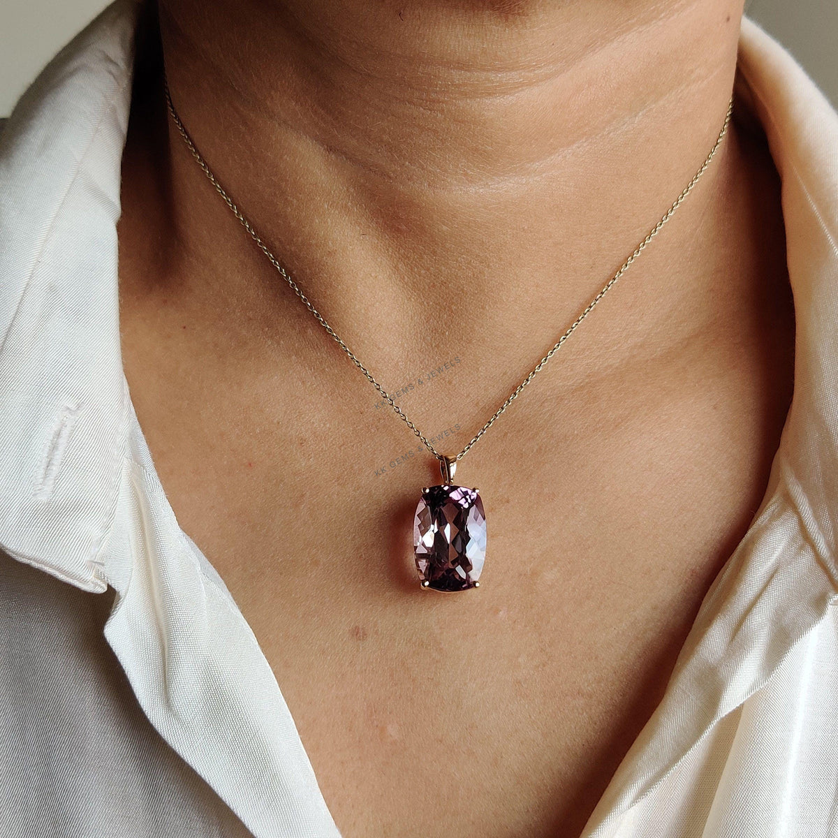 14K Solid Gold Natural Pink Amethyst Prong Pendant, February Birthstone