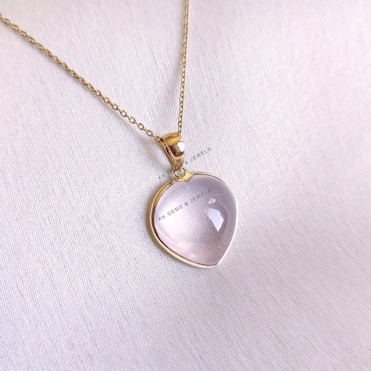 14K Solid Yellow Gold Natural Rose Quartz Heart Pendant, January Birthstone