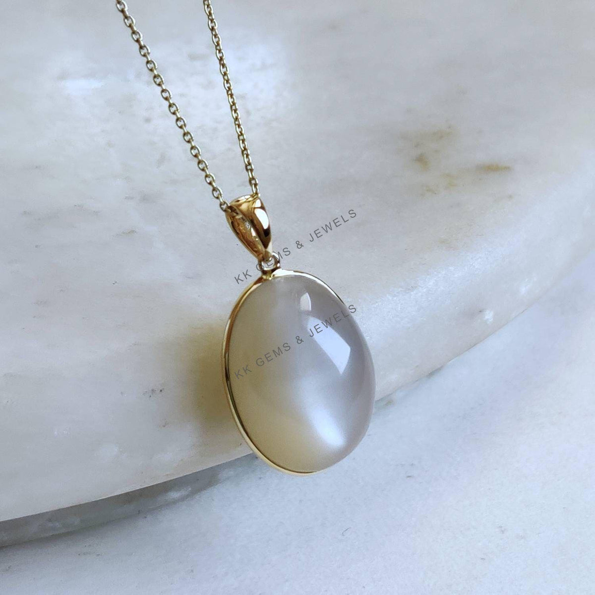 Oval Natural White Moonstone Pendant, 14K Solid Yellow Gold, June Birthstone