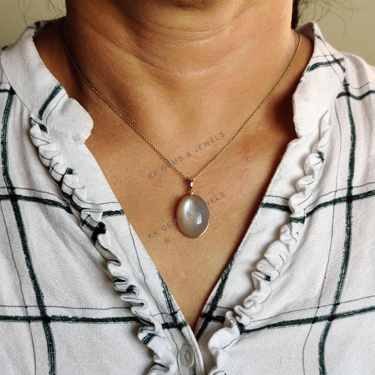 Oval Natural White Moonstone Pendant, 14K Solid Yellow Gold, June Birthstone