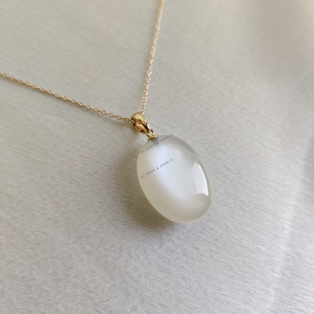 14K Solid Yellow Gold Natural White Moonstone Pendant, June Birthstone, Christmas Present