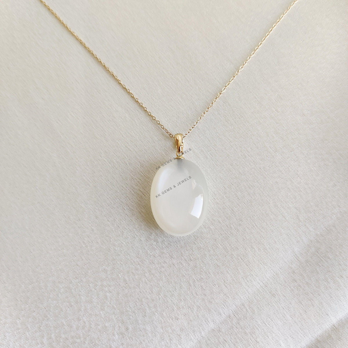 14K Solid Yellow Gold Natural White Moonstone Pendant, June Birthstone, Christmas Present