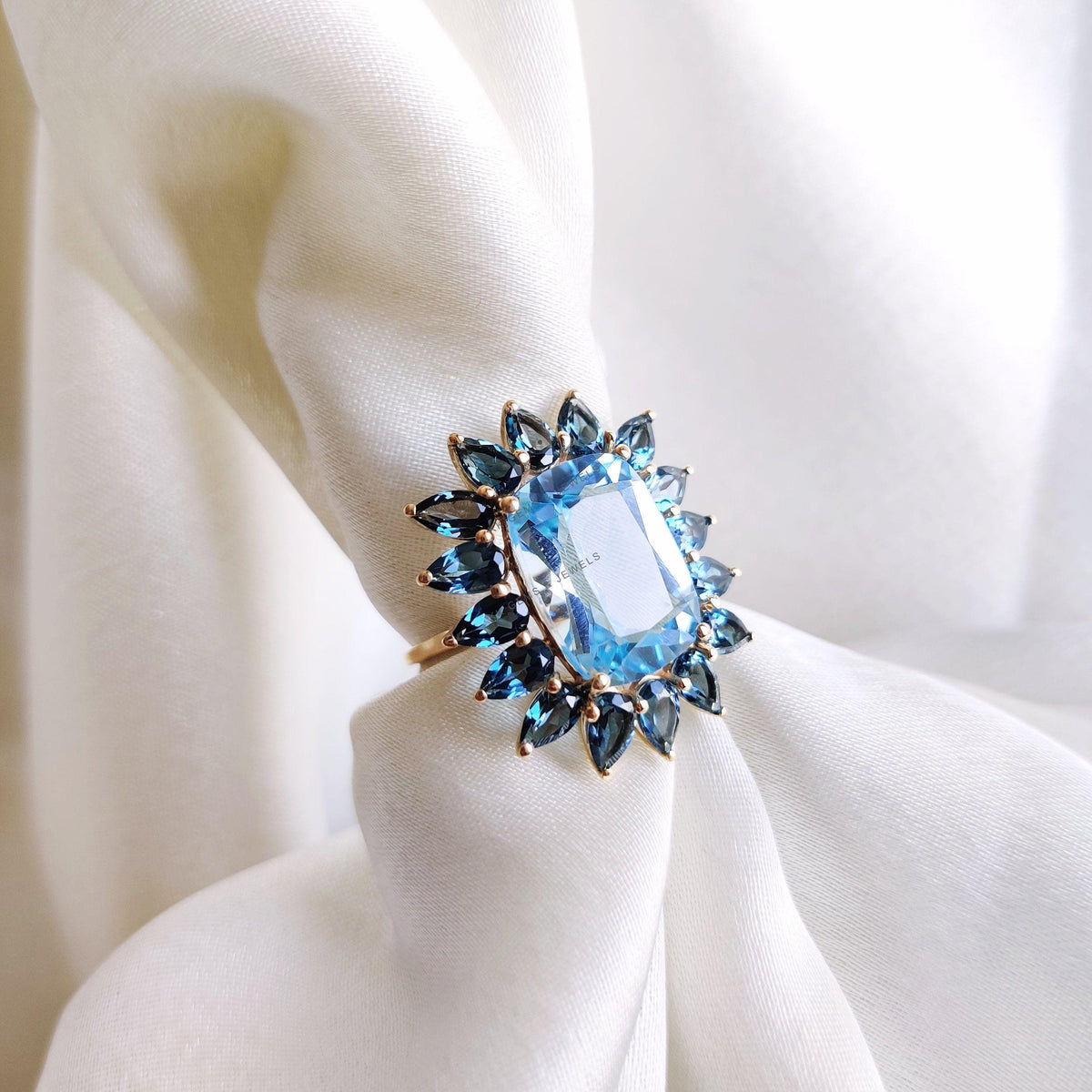 Natural Sky Blue & London Blue Topaz Statement Ring, 14K Solid Yellow Gold, December Birthstone