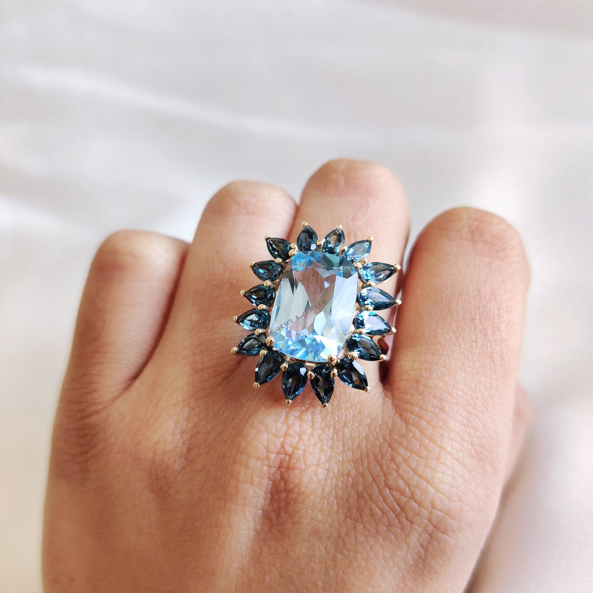 Natural Sky Blue & London Blue Topaz Statement Ring, 14K Solid Yellow Gold, December Birthstone