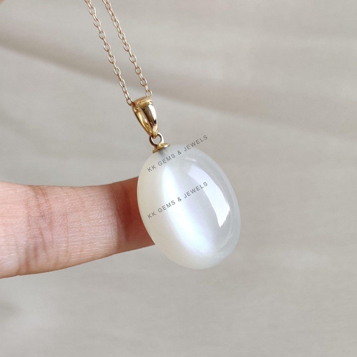 14K Solid Yellow Gold Natural White Moonstone Pendant: June Birthstone Jewelry, Christmas Present