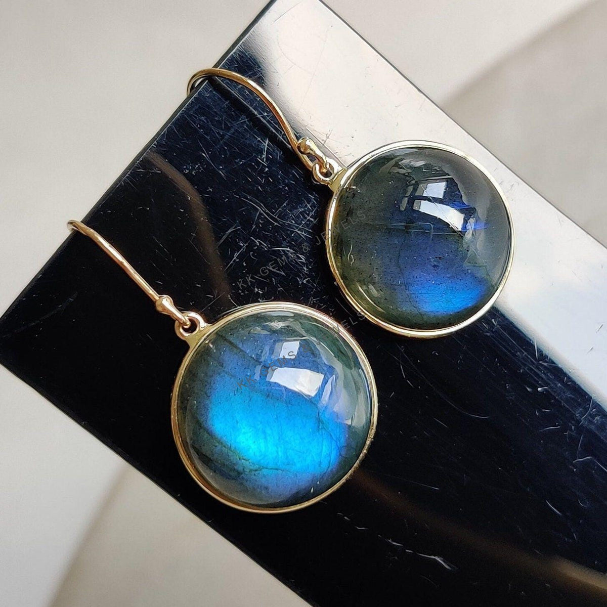 14K Solid Yellow Gold Natural Labradorite Earrings, Round Cabochon, August Birthstone