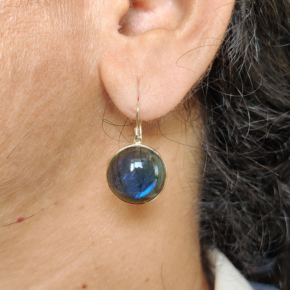 14K Solid Yellow Gold Natural Labradorite Earrings, Round Cabochon, August Birthstone