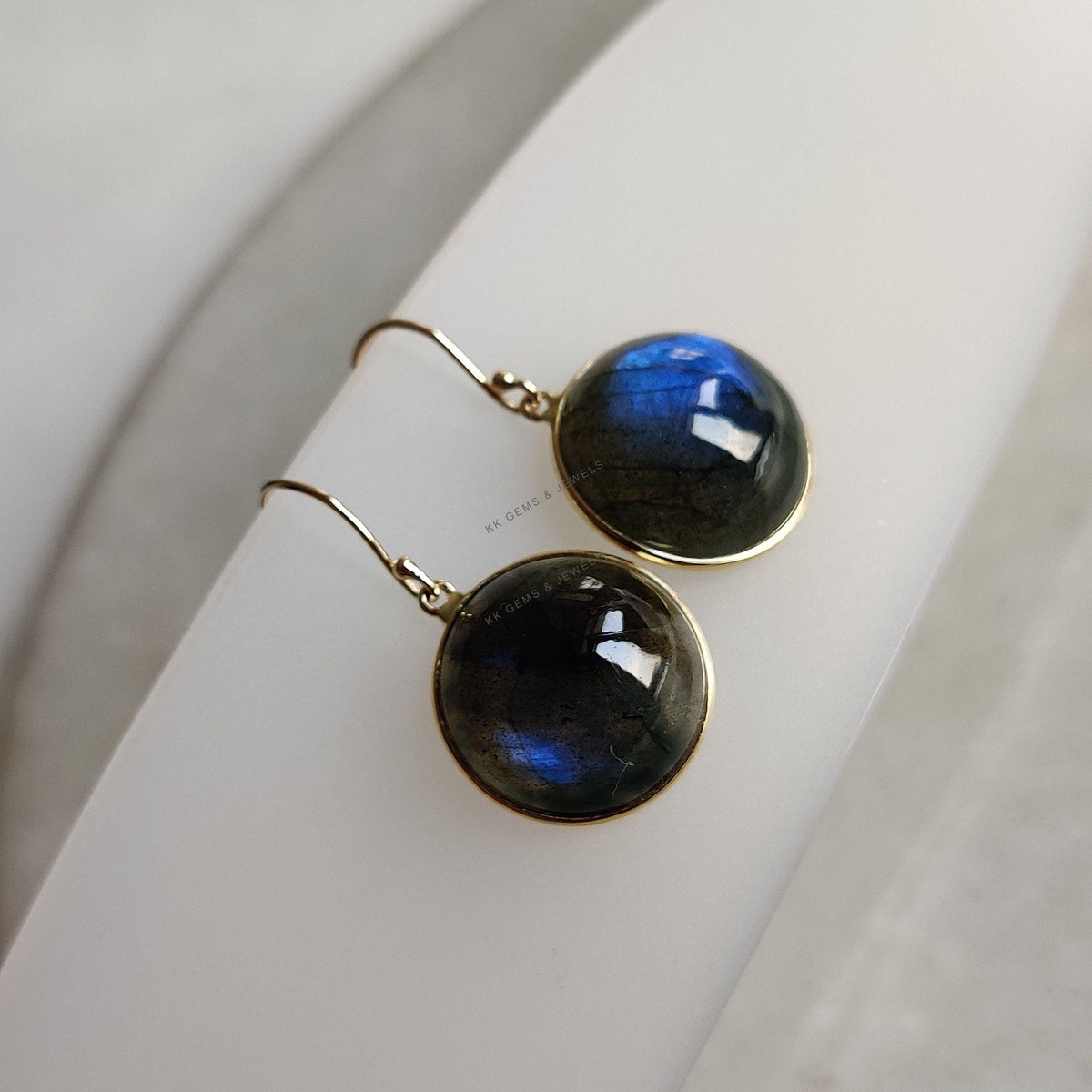 14K Solid Yellow Gold Natural Labradorite Earrings, Round Cabochon, August Birthstone