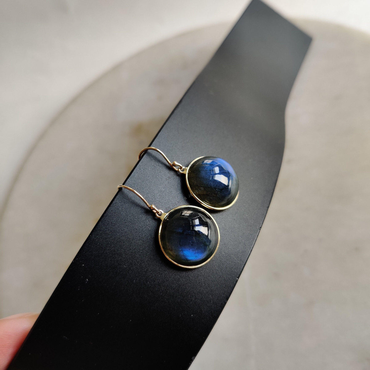 14K Solid Yellow Gold Natural Labradorite Earrings, Round Cabochon, August Birthstone