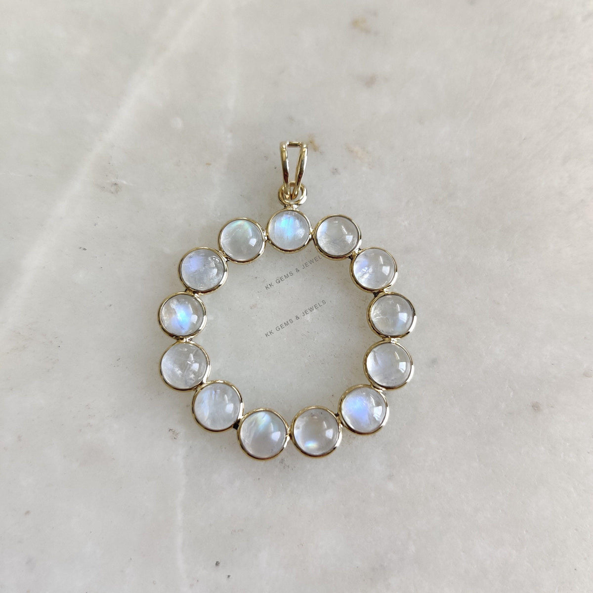 Natural Rainbow Moonstone Pendant, 14K Solid Yellow Gold, June Birthstone