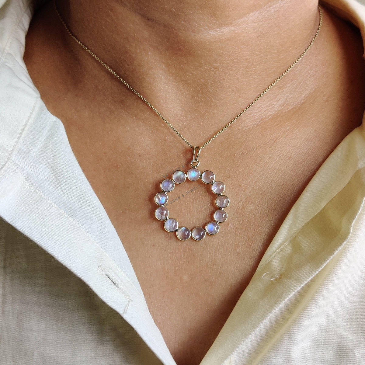 Natural Rainbow Moonstone Pendant, 14K Solid Yellow Gold, June Birthstone